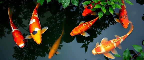 Obraz premium Vibrant koi carp gracefully swim in a serene pond, surrounded by lush greenery, white, plants