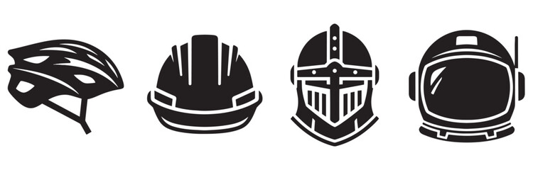 Collection of four black helmet icons representing different eras and professions, including a bicycle helmet, a hard hat, a knight's helm, and an astronaut's helmet