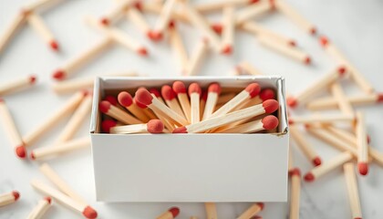 White matchbox overflowing with wooden matches, matches,  overflowing