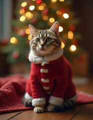 Adorable Cat in Santa Outfit with Christmas Lights