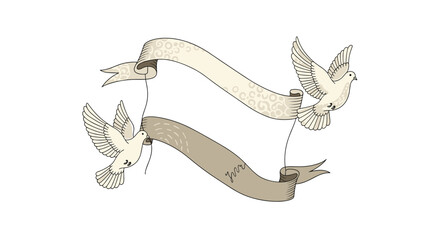 Elegant illustration of two white peace doves flying gracefully while holding decorative scroll banners for custom text or messages, isolated on white.