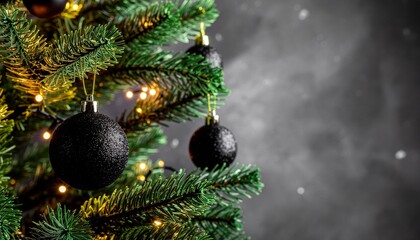 Black Christmas Ornament on Evergreen Tree with Festive Lights and Dark Bokeh Background
