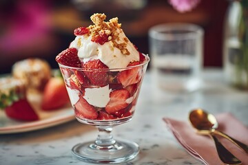 Delicious layered dessert featuring fresh strawberries and cream served in a stemmed glass