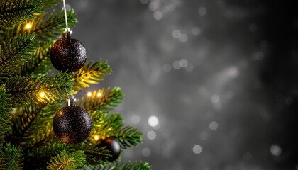 Black Christmas Ornament on Evergreen Tree with Festive Lights and Dark Bokeh Background