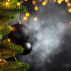 Black Christmas Ornament on Evergreen Tree with Festive Lights and Dark Bokeh Background
