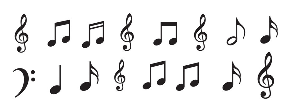 Collection of black musical notes and symbols including treble and bass clefs, eighth notes, and quarter notes arranged in a simple, clean graphic illustration set