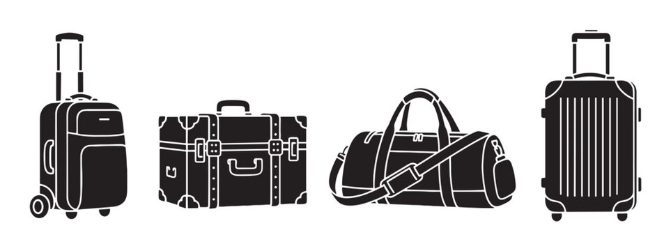 Collection of four black travel luggage icons showing a rolling suitcase, a retro trunk, a sports duffel bag, and a modern hard-shell case for tourism and journey concepts