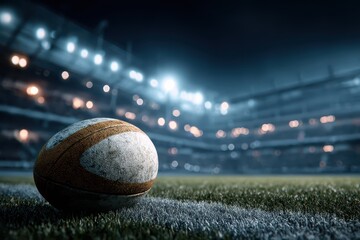 Rugby ball rests on stadium field under bright lights during a night match, creating a dramatic atmosphere filled with anticipation and excitement