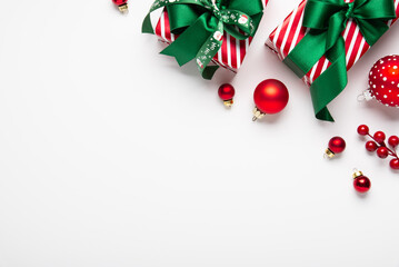 Merry Christmas and Happy Holidays greeting card, frame, border, banner. New Year. Red green...