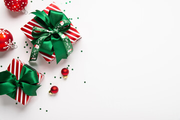 Merry Christmas and Happy Holidays greeting card, frame, border, banner. New Year. Red green...