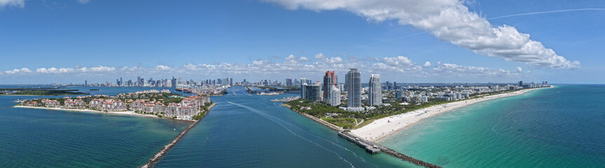 Panorama of Miami Beach. Aerial view of South Pointe Park and South Beach in Miami Beach. Miami...