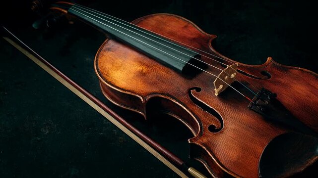 Elegant violin rests on dark surface with bow beside it illuminated by soft light highlighting classical music craftsmanship harmony and refined artistic culture