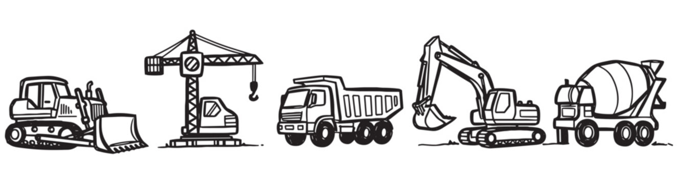 Set of hand-drawn construction vehicles including a bulldozer, crane, dump truck, excavator, and cement mixer in a simple black and white doodle style illustration
