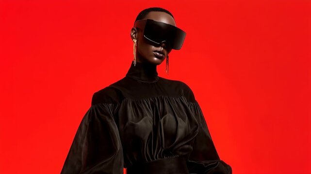 Confident model in black dress and futuristic visor stands against intense red backdrop conveying bold fashion statement modern elegance and sci fi inspired attitude
