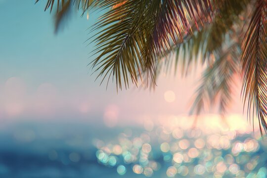 Vibrant abstract seascape depicting a tranquil tropical beach with palm trees swaying gently under the warm sun and reflecting colorful light on water waves