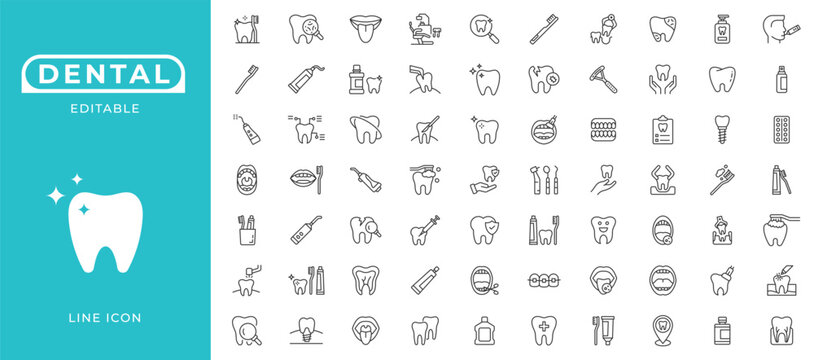 Dental and Oral Care Icon Set. Featuring Tooth, Dentist, Implant, Braces, Veneers, Aligners, Hygiene Tools and Stomatology Elements Line Vector Icon