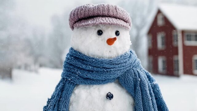 Cute snowman in knitted hat and thick scarf smiles in snowy garden with cozy house behind him capturing warm family winter holiday mood and festive greeting card feel