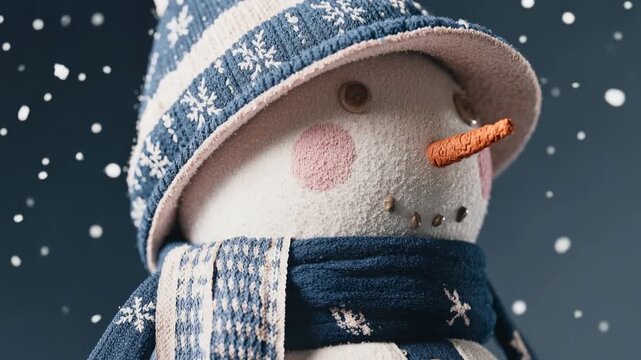 Soft toy snowman in cozy hat and patterned scarf smiles in gentle falling snow creating warm handcrafted christmas decoration mood and nostalgic winter atmosphere