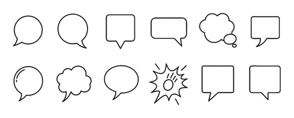 Obraz premium Collection of black line speech bubbles in various shapes, including circles, squares, and clouds, illustrating communication, dialogue, and thought in a minimalist graphic style