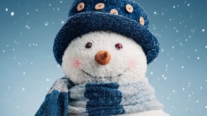 Adorable snowman wearing knitted blue hat and striped scarf smiles in soft falling snow against sky blue backdrop capturing cozy handmade winter holiday charm - Powered by Adobe