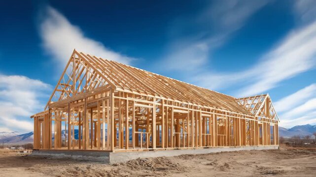 Workers build a sturdy wooden framework for a house in daylight