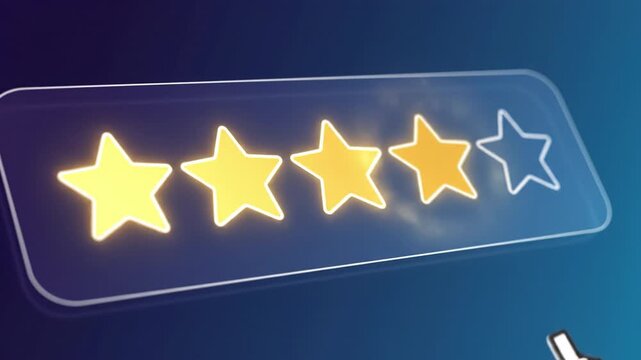 Four star rating glowing digital interface with cursor hand icon plus one and two star rating concepts featuring user feedback, review, and evaluation interactive glowing cursor digital interface