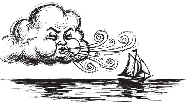 Anthropomorphic cloud with a human face blowing strong wind at a small sailboat, a classic black and white ink sketch illustration depicting the power of nature and mythology