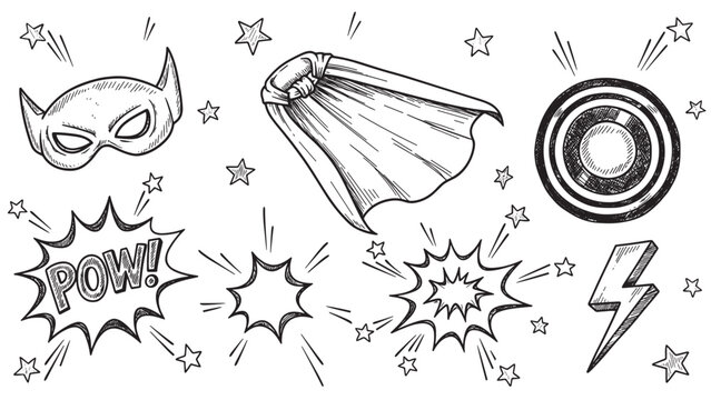 Set of black and white superhero comic book doodles featuring a mask, cape, shield, lightning bolt, and action bubbles with retro hand-drawn hatching details