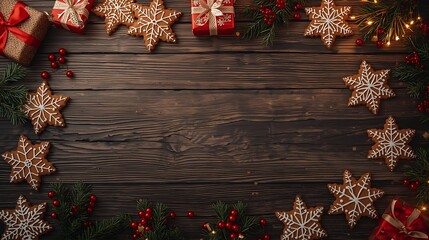 Wooden frame with a bunch of cookies and a bunch of presents