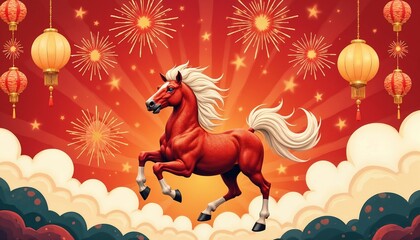 Red horse prancing among fireworks and lanterns in festive setting  