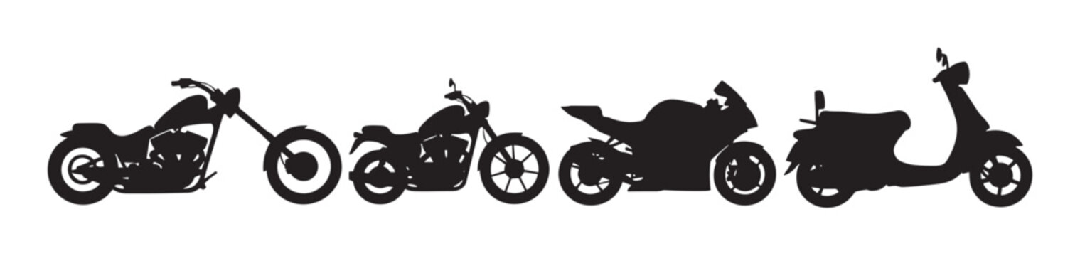 Four black motorcycle and scooter silhouettes in a row showing different types of two-wheeled vehicles, including a chopper, sportbike, and classic moped in a graphic illustration style