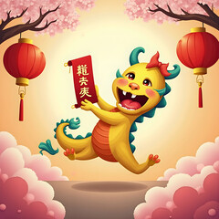 A cartoon dragon celebrates with a sign during the Chinese Lunar New Year celebrations.
