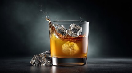 Whiskey Splendor: A sophisticated glass of amber whiskey, invigorated with glistening ice cubes, experiences a dynamic splash on a dark, mysterious backdrop.