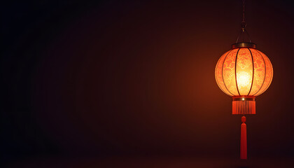 Red Chinese lantern glowing in dark setting  