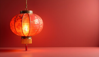 A red festive Chinese lantern hangs on a solid red background.  