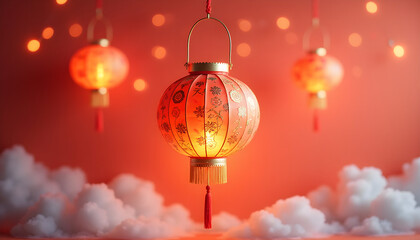 Red Chinese lanterns glowing against soft cloud background  