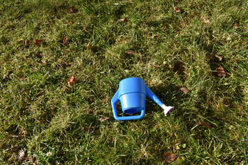 Blue plastic toy watering can on grass
