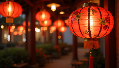 Oriental lanterns glow in a traditional setting during the evening hours at a cafe.