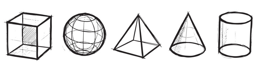 Set of five hand-drawn geometric shapes including a cube, sphere, pyramid, cone, and cylinder in a rough sketch style with black ink lines and hatching for shading