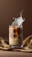 Coffee Splash in a Glass: A dynamic shot capturing the elegant dance of coffee and milk as they collide within a glass, forming a beautiful splash against a warm backdrop.