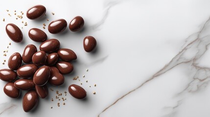 Chocolate-Covered Almonds on Marble: A close-up shot showcasing an arrangement of rich, glossy chocolate-covered almonds resting elegantly on a smooth marble surface.