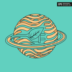 Planet with leaf and fork symbol on a ring.