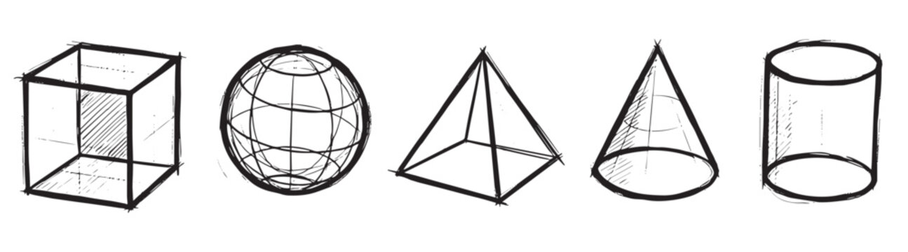 Set of five hand-drawn geometric shapes including a cube, sphere, pyramid, cone, and cylinder in a rough sketch style with black ink lines and hatching for shading