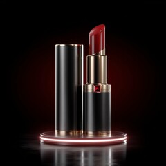 Vivid Crimson Lipstick: A luxurious lipstick stands out, its rich red hue contrasting against a sleek black and gold case, exuding an air of sophistication and glamour.