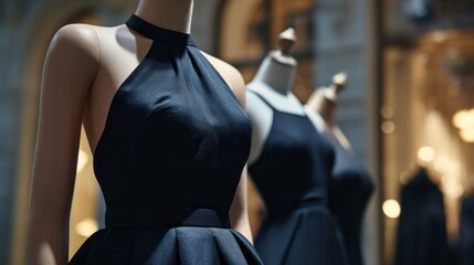 Silhouettes of stylish black dresses stand proudly in a boutique window, glowing softly with ambient light. The scene captures the allure of fashion, inviting passersby to explore