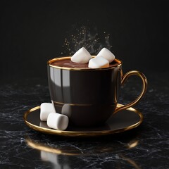 Indulgent Cocoa: A steaming mug of rich, dark cocoa is adorned with fluffy marshmallows, resting elegantly on a saucer, offering warmth and comfort.