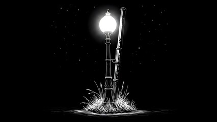 Monochrome street lamp with water splashing and illuminated bulb at night