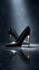 Elegance in Motion: A pair of sleek, black high heels, poised on a polished surface, exudes confidence and sophistication under a spotlight's glow.
