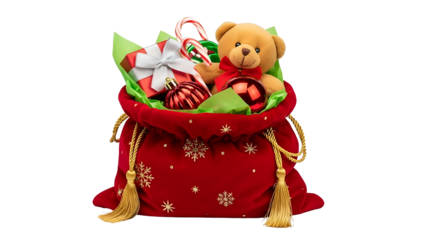 Red Christmas gift bag filled with presents, isolated on light gray background. Top view closeup for New Year celebration themes, with transparent PNG cutout.