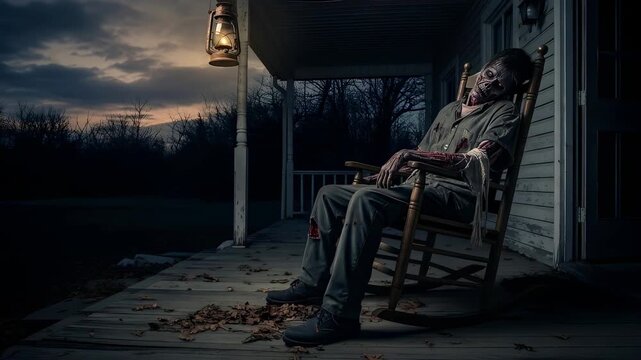 A zombie figure slumped in a rocking chair on a porch. The chair is slowly rocking back and forth on its own, creaking loudly